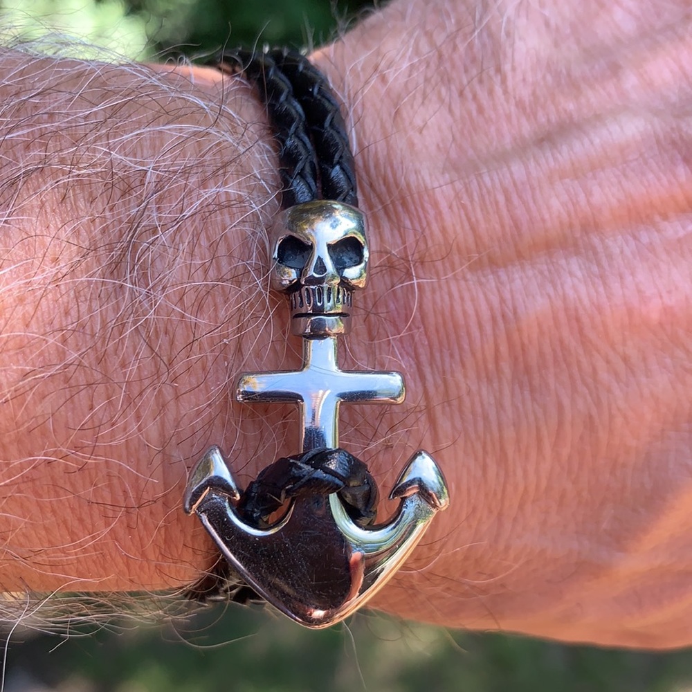 Black Leather and Stainless Steel Men’s Bracelet